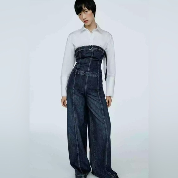 Zara STRAPLESS TRF DENIM JUMPSUIT. Navy Blue. Size M. New with Tags. - Picture 1 of 14